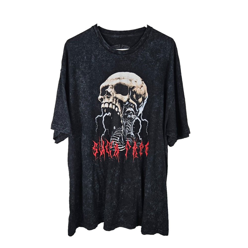 Sucka Free Skull Graphic Marbled Mens T-Shirt Size 2XL Black Grey Gothic Tee